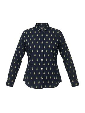 J.Crew Factory Womens Large Pineapple Print Button Shirt Navy Blue 100% Cotton